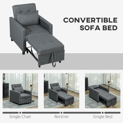 HOMCOM 3-In-1 Chair Bed, Convertible Sleeper Chair with Adjustable Backrest, Pillow and Footrest for Living Room, Dark Grey 