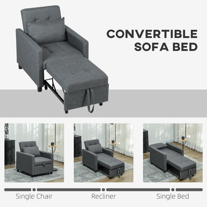 HOMCOM 3-In-1 Chair Bed, Convertible Sleeper Chair with Adjustable Backrest, Pillow and Footrest for Living Room, Dark Grey 