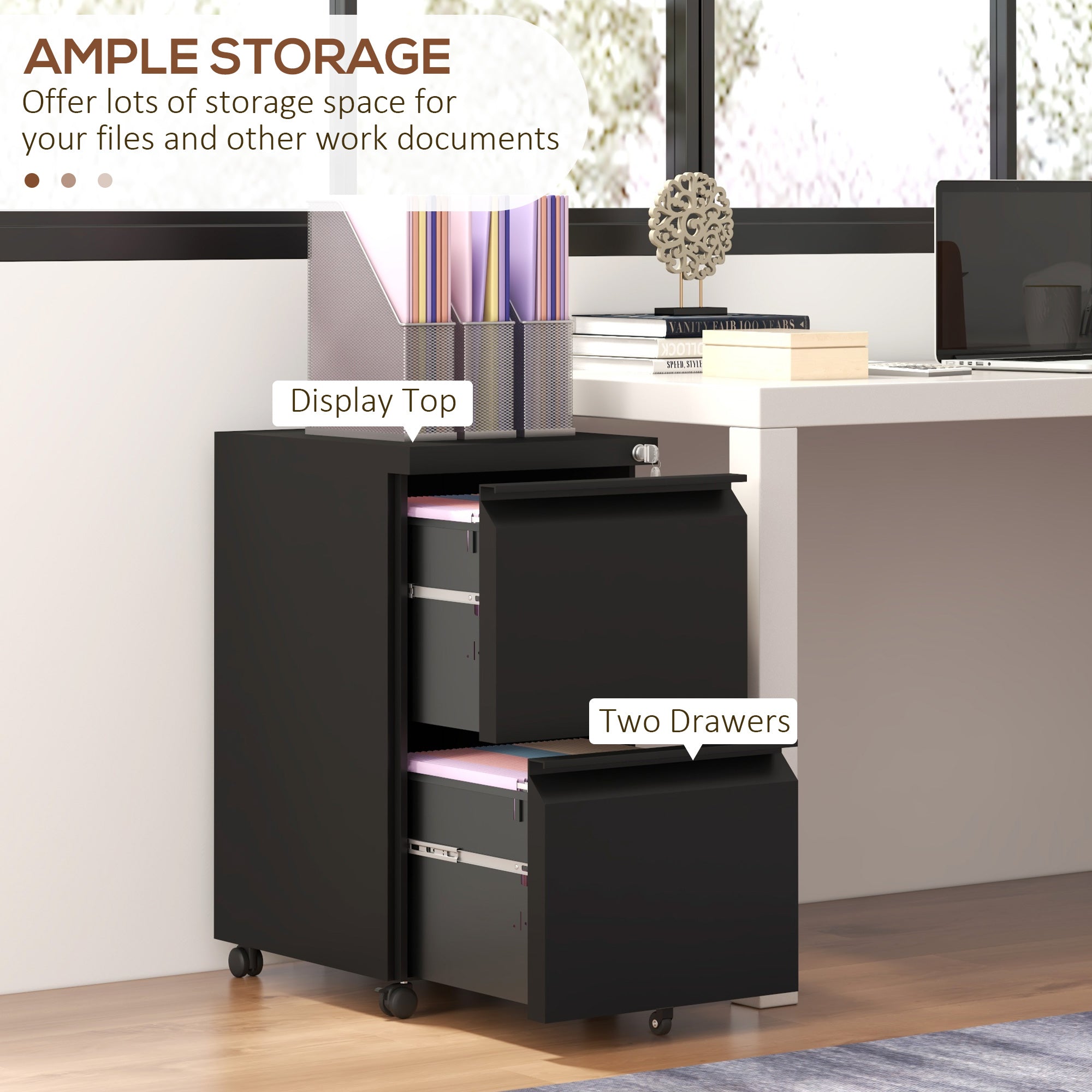 Vinsetto 2-Drawer Mobile Filing Cabinet, Steel Lockable File Cabinet for Letter, A4 and Legal Size, Pre-Assembled Body, Black 