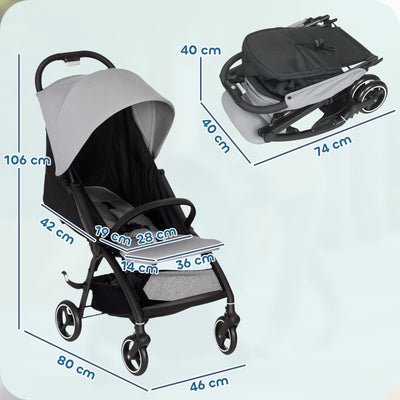 AIYAPLAY Travel Stroller, Lightweight Pushchair, Compact Buggy with Canopy, Basket and Multi-Position Recline, Light Grey 