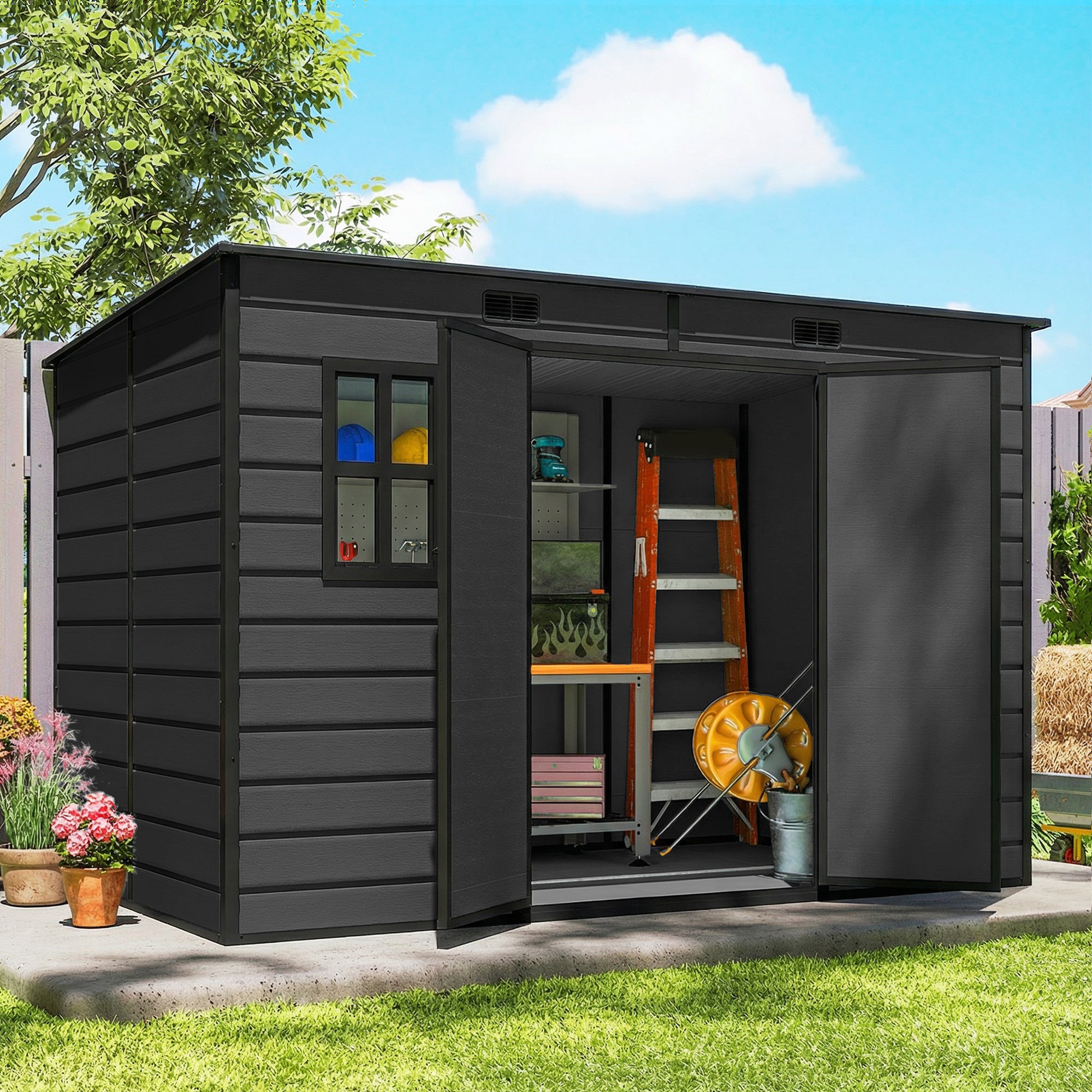 Outsunny 10 x 6 ft Resin Garden Shed, Outdoor Storage Shed with Floor, Windows, Lockable Doors and Vents, Dark Grey 