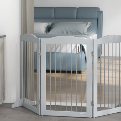 PawHut Foldable Dog Gate, Freestanding Pet Gate, with Two Support Feet, for Staircases, Hallways, Doorways - Grey 