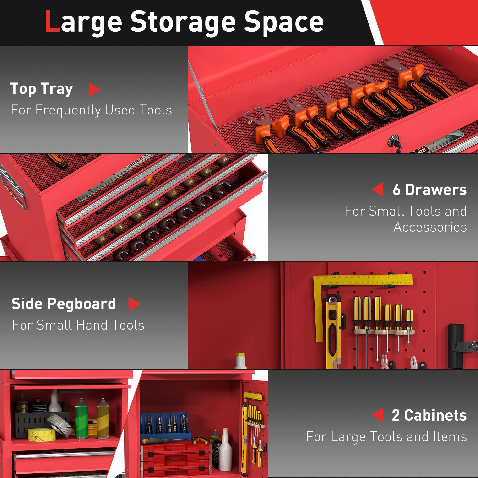 HOMCOM Three-Part Steel Locking Tool Chest - Red 