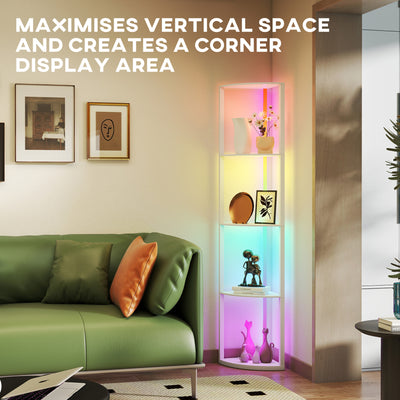 HOMCOM RGB LED Floor Lamp with Shelves, 5-Tier Dimmable Standing Lamp with Adjustable Brightness and Remote Control, Modern Corner Display Shelf Unit for Living Room Bedroom Office, White 