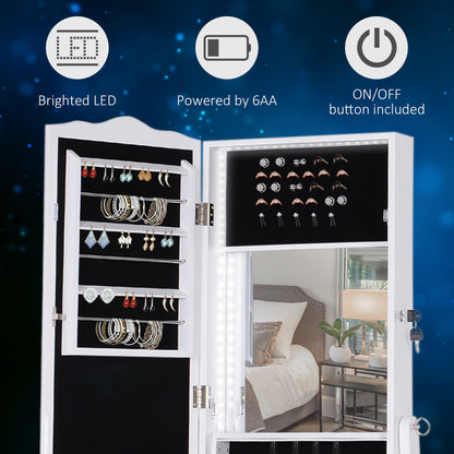 HOMCOM Jewellery Cabinet with led, mirroir Cabinet Armoire Floor Standing Flip-over Makeup Shelf Organizer with lock white 