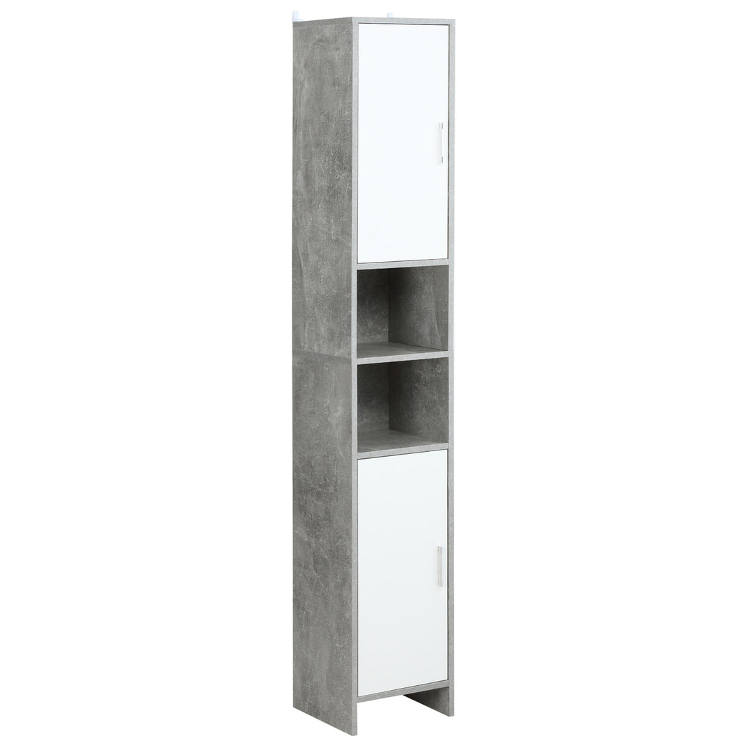 kleankin Free-standing Tall Bathroom Storage Cabinet w/ 2 Cupboards 2 Open Compartments, Slim Bathroom Organizer Adjustable Shelves Elevated Base for Living Room, Grey 