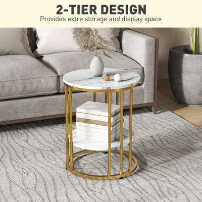 HOMCOM Set of Two Marble-Effect Coffee Tables - White/Gold-Tone 