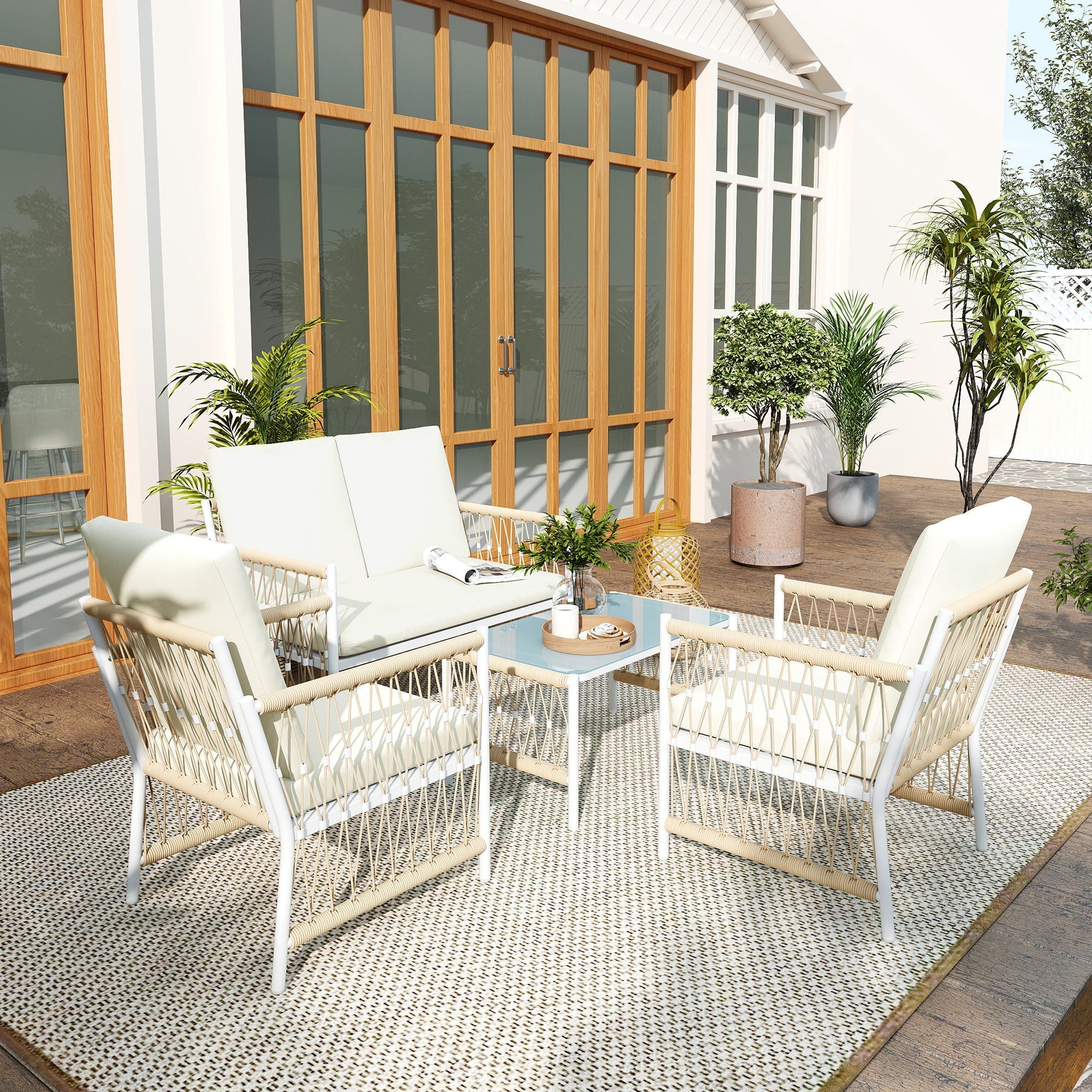 Outsunny 4 Piece Rattan Garden Furniture Set, 4 Seater Wicker Patio Conversation Set with 2 Armchairs, Loveseat, Glass Top Coffee Table and Cushions for Outdoor, Balcony, Khaki 