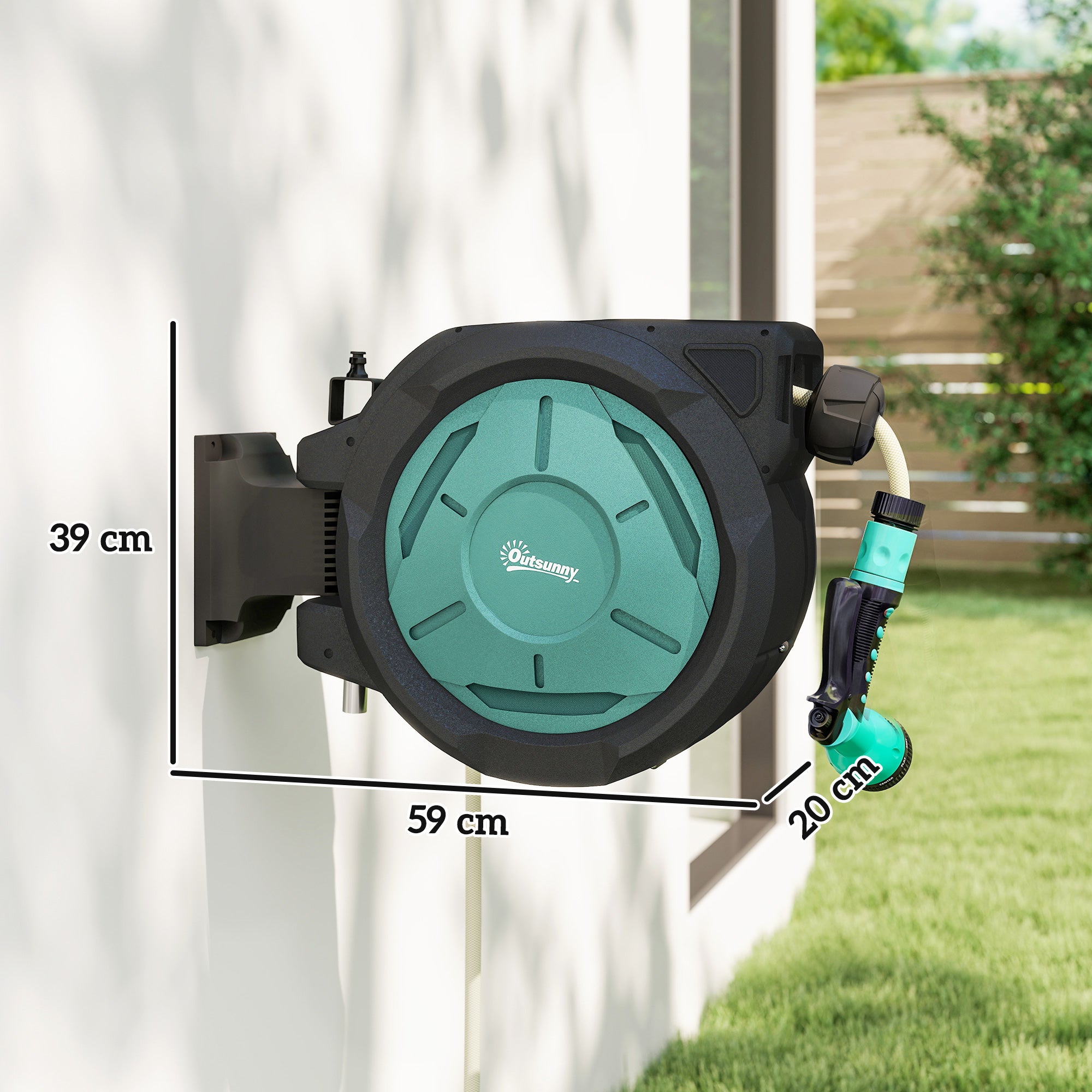 Outsunny Retractable Hose Reel Wall Mounted, 20+2m Garden Hose Pipe Reel with Lock, Auto Rewind, 7 in 1 Spray Nozzle, Includes Wall Fixings, 180° Swivel, Outdoor Watering, 54 x 20 x 39 cm, Black 