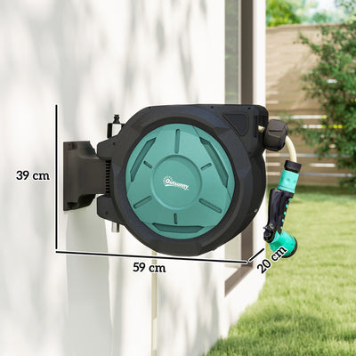Outsunny Retractable Hose Reel Wall Mounted, 20+2m Garden Hose Pipe Reel with Lock, Auto Rewind, 7 in 1 Spray Nozzle, Includes Wall Fixings, 180° Swivel, Outdoor Watering, 54 x 20 x 39 cm, Black 