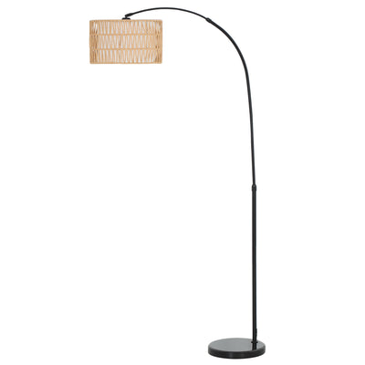 HOMCOM Rattan Floor Lamp for Living Room, Farmhouse Arc Standing Lamp with Dual-Layer Shade & Foot Switch, Height Adjustable Minimalist Tall Pole Lampshade for Bedroom, Office, Black 
