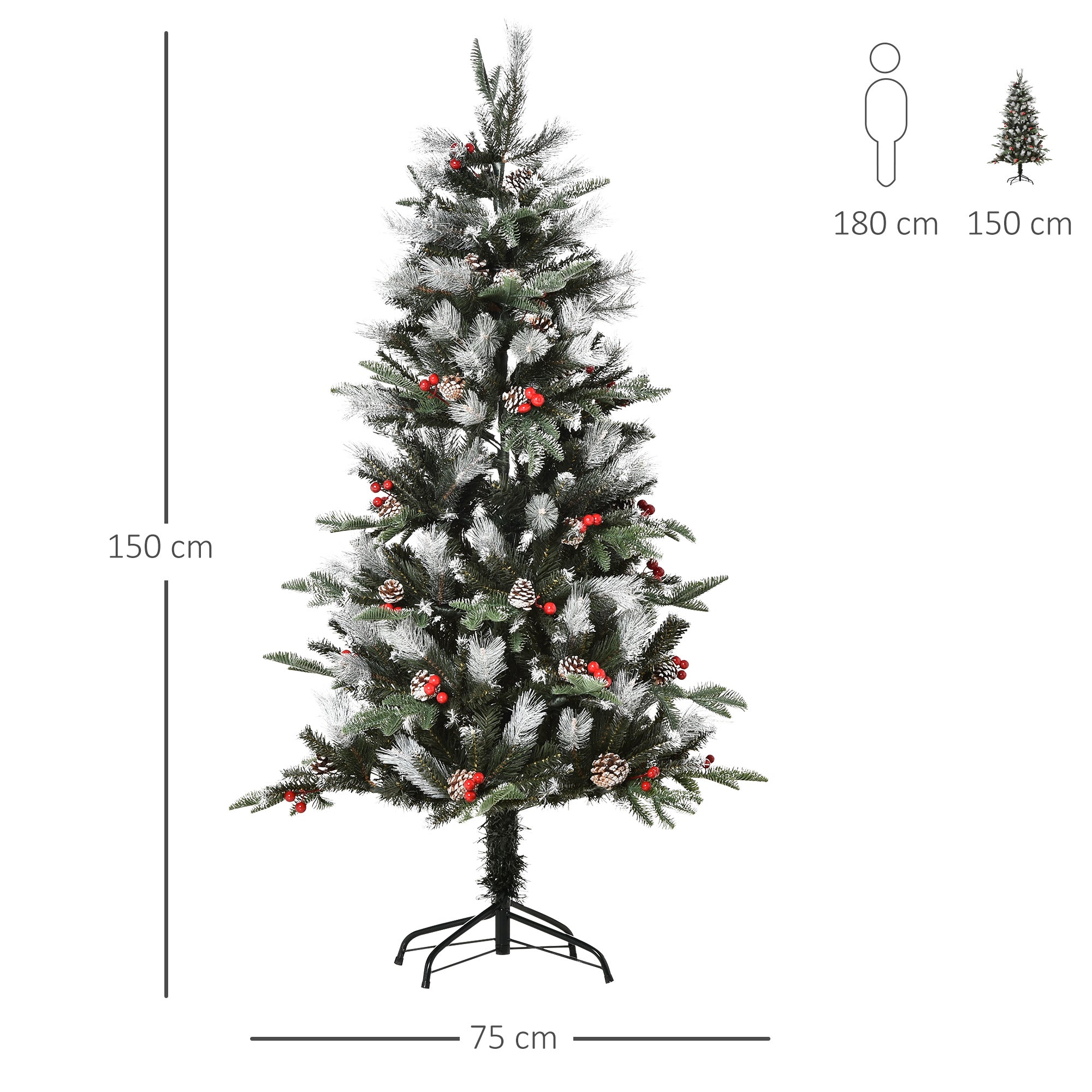 HOMCOM 5FT Artificial Snow Dipped Christmas Tree Xmas Pencil Tree Holiday Home Party Decoration with Foldable Feet Red Berries White Pinecones, Green 