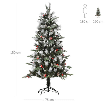 HOMCOM 5FT Artificial Snow Dipped Christmas Tree Xmas Pencil Tree Holiday Home Party Decoration with Foldable Feet Red Berries White Pinecones, Green 