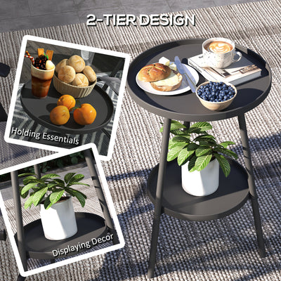 Outsunny Round Garden Table, 2-Tier Small Side Table, Metal Patio Table Coffee Table Dining Table for Porch Deck Balcony, Black 