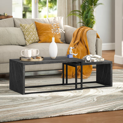 HOMCOM Coffee Tables Set of 2, Industrial Nest of Tables with Metal Frame for Living Room Bedroom, Dark Grey Marble Effect 