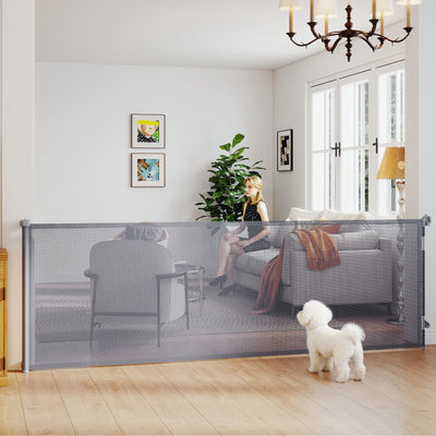 PawHut Retractable Dog Gate, Extends to 300 cm Wide & 104 cm Tall, Mesh Pet Gate Single Hand Operation, for Stairs Doorways 
