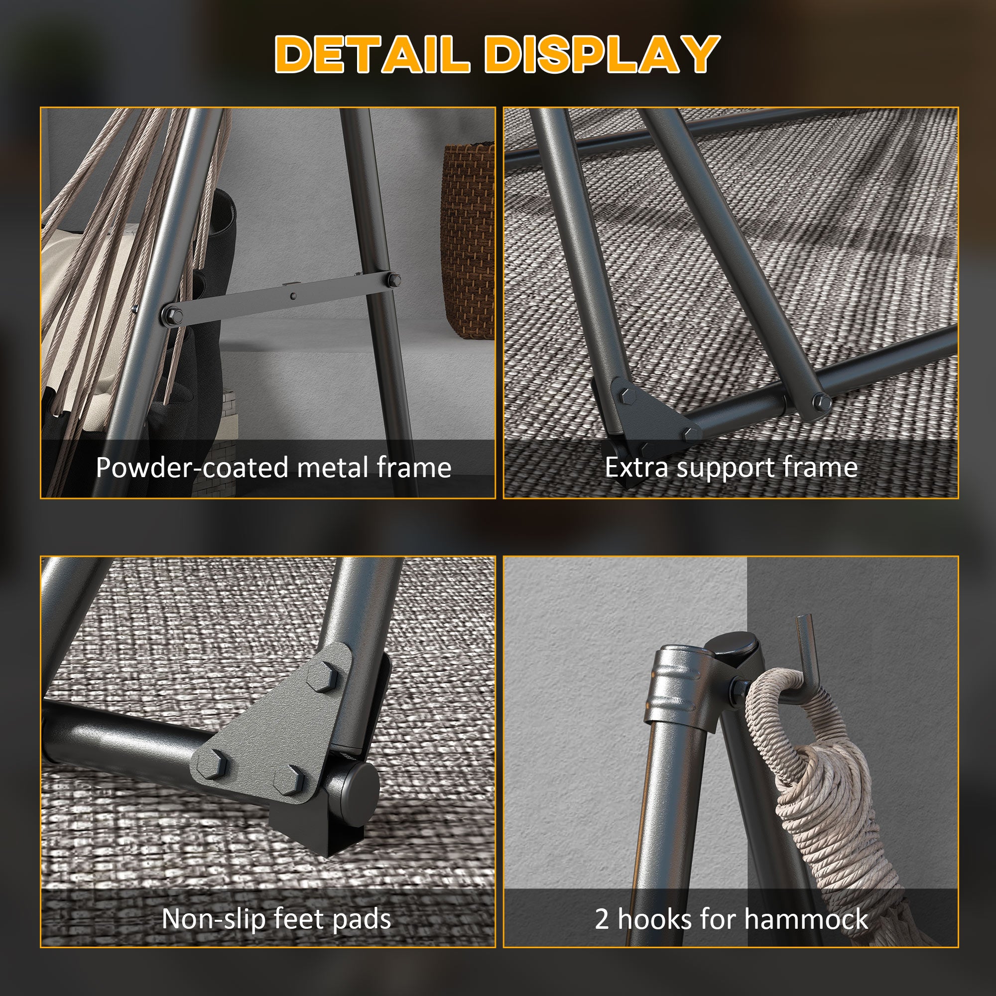 Outsunny Foldable Hammock Stand, Portable Hammock with Metal Frame, 2 in 1 Hammock Net Stand, Hammock Chair Stand with Carry Bag, Load Capacity 120kg, for Patio, Garden, Yard, Black 