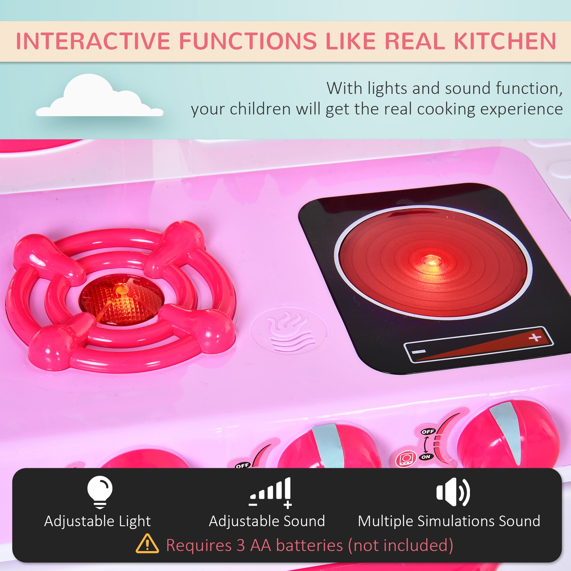HOMCOM 38 Pcs Kids Children Kitchen Play Set w/ Realistic Sounds Lights Food Utensils Pots Pans Appliances Toy Game Pink 