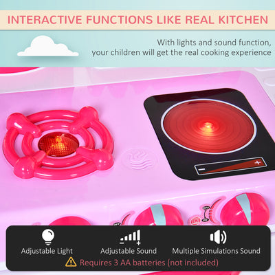 HOMCOM 38 Pcs Kids Children Kitchen Play Set w/ Realistic Sounds Lights Food Utensils Pots Pans Appliances Toy Game Pink 
