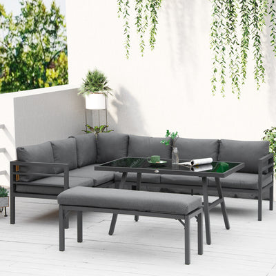 Outsunny\'c2\'a04\'c2\'a0Piece\'c2\'a0L-shaped Garden Furniture Set 8-Seater Aluminium Outdoor Dining Set Conversation Sofa Set w/ Bench, Dining Table & Cushions,\'c2\'a0Grey 