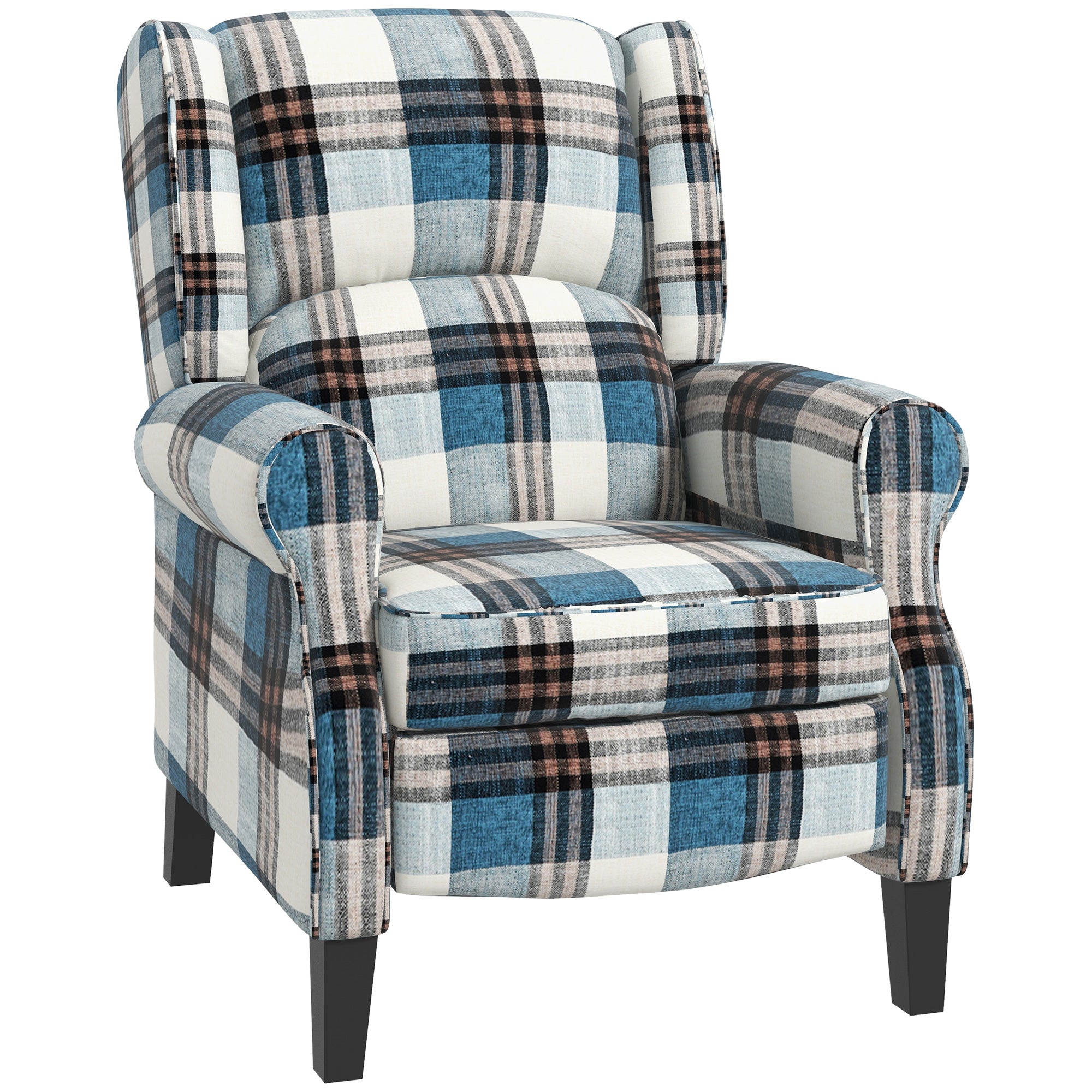 HOMCOM Wingback Reclining Chair Push Back Recliner Armchair for Living Room Bedroom with Footrest Armrests Wood Legs Blue 