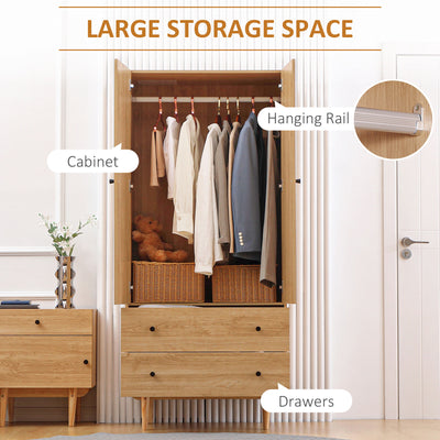 HOMCOM Wardrobe with 2 Doors, 2 Drawers, Hanging Rail for Bedroom Clothes Storage Organiser, 80x52x180cm, Natural Tone 