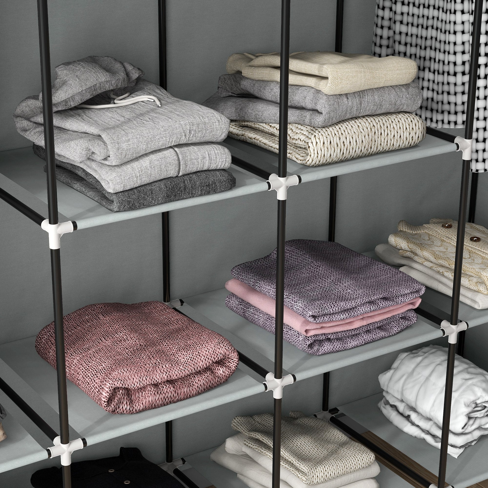 HOMCOM Fabric Wardrobe for Bedroom, Portable Cloth Wardrobe with 10 Compartments, 2 Hanging Rails and 4 Fabric Drawers, 166 x 42.5 x 169.5cm, Dark Grey 