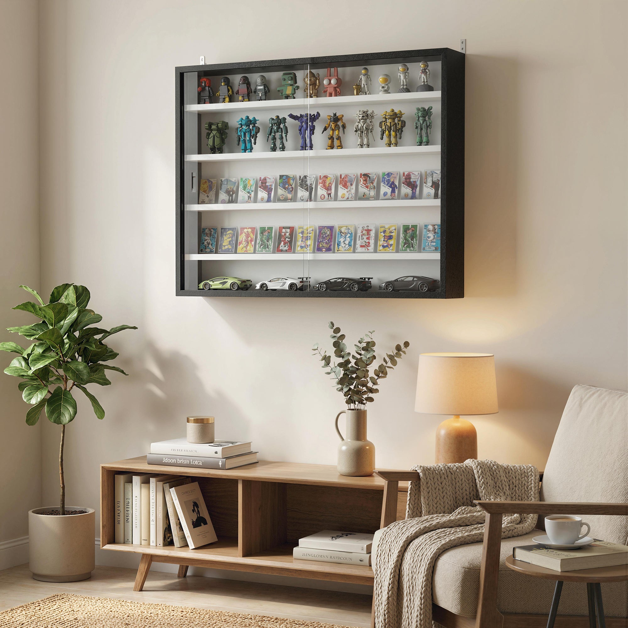 HOMCOM 5-Tier Wall Display Cabinet,  Wall Mounted Display Case w/ 4 Adjustable Shelves, Glass Doors, 60x80cm, Black and White 