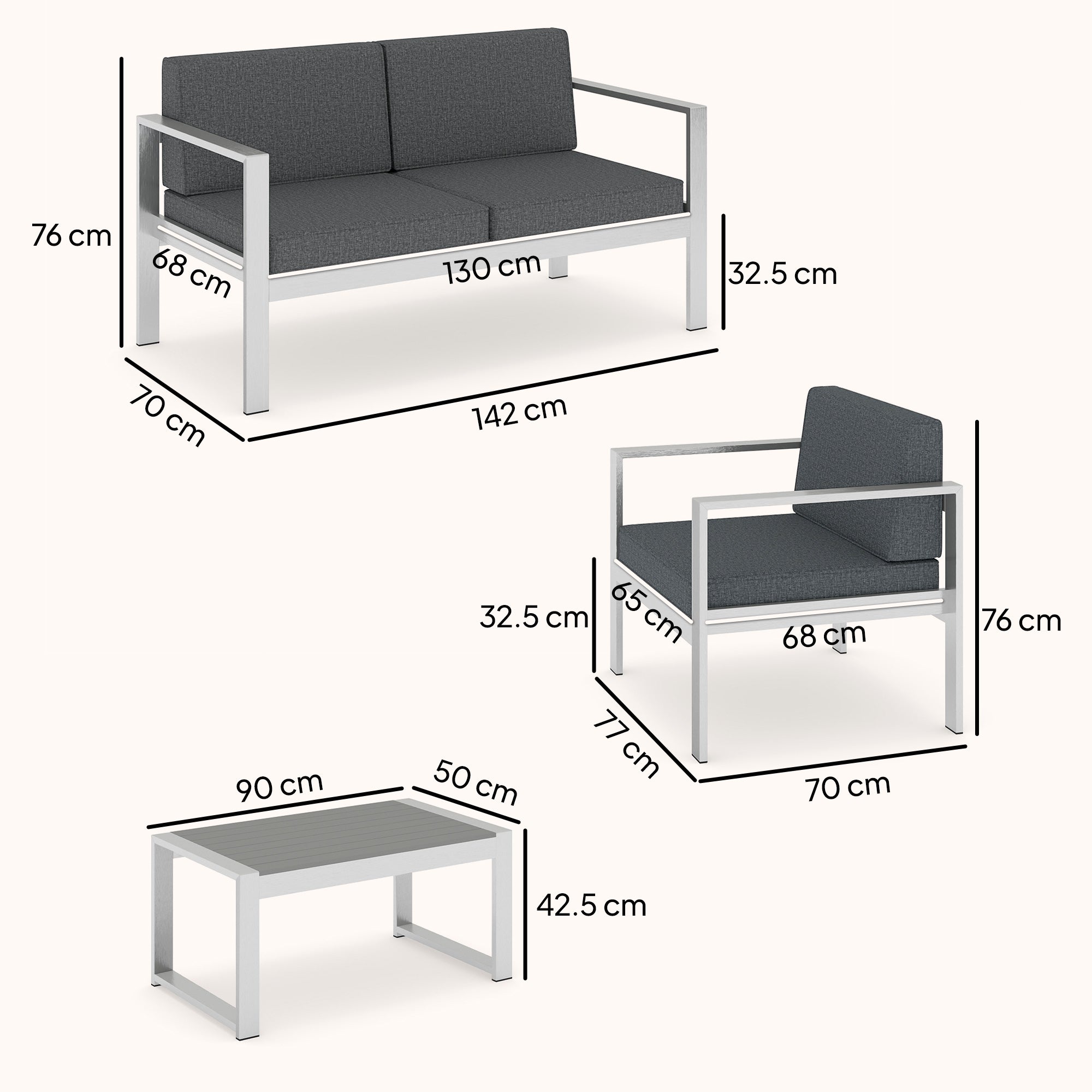 Outsunny 4 Seater Garden Furniture Set, Extra Wide Deep Garden Sofa Set with Olefin Cushions, Brushed Aluminium Frame, Dark Grey 