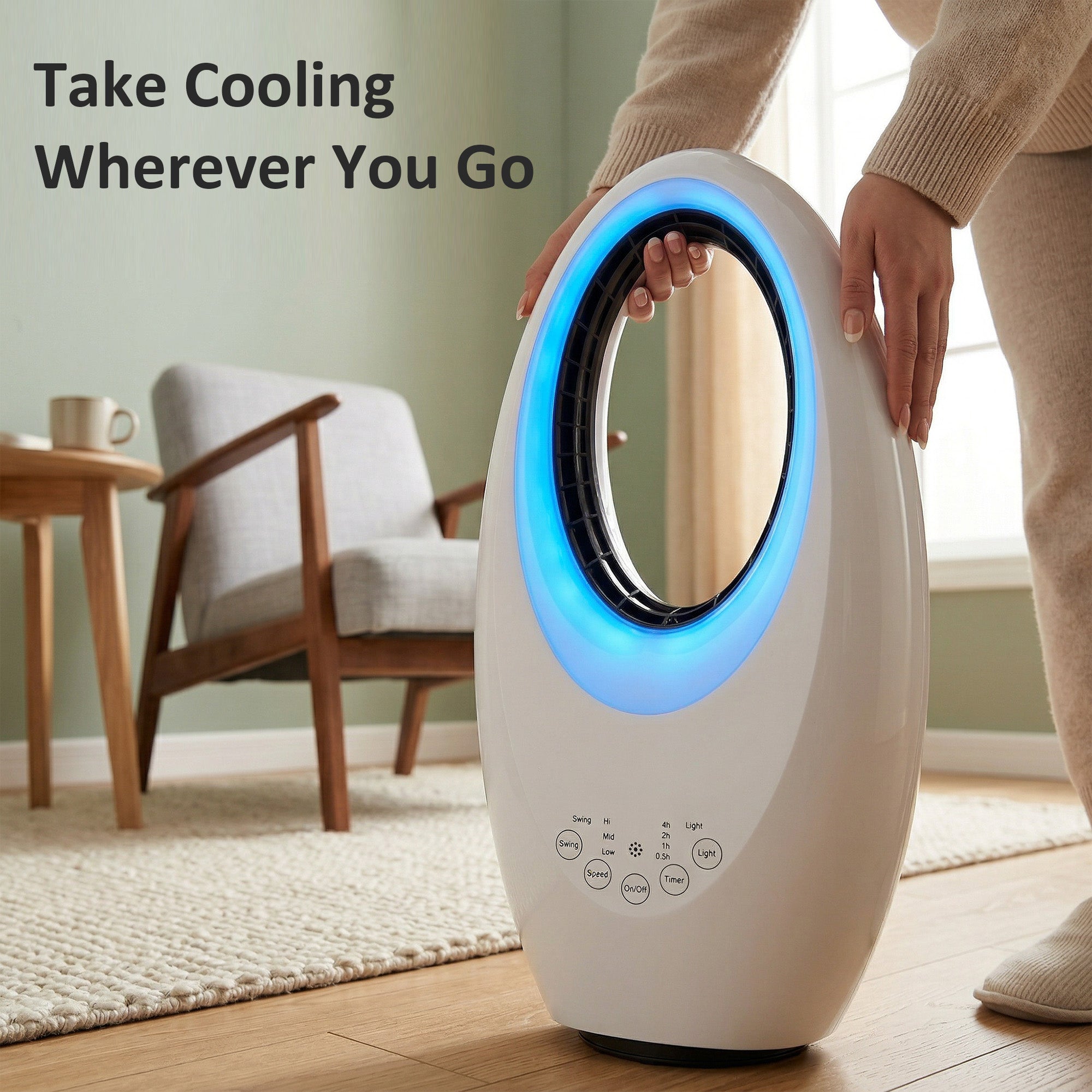 HOMCOM Bladeless Tower Fan, 36dB Standing Cooling Fan with 60° Oscillating, LED Lights, 3 Speeds, 7.5H Timer, Remote Control 