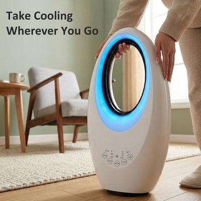 HOMCOM Bladeless Tower Fan, 36dB Standing Cooling Fan with 60° Oscillating, LED Lights, 3 Speeds, 7.5H Timer, Remote Control 