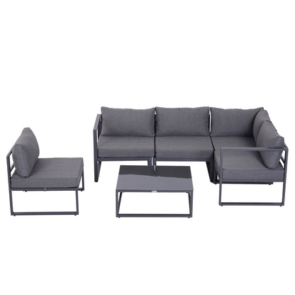 Outsunny 6 PCs Outdoor Indoor Sectional Corner Sofa Set Thick Padded Cushions Aluminium Frame 5 Seaters 1 Coffee Table Grey 