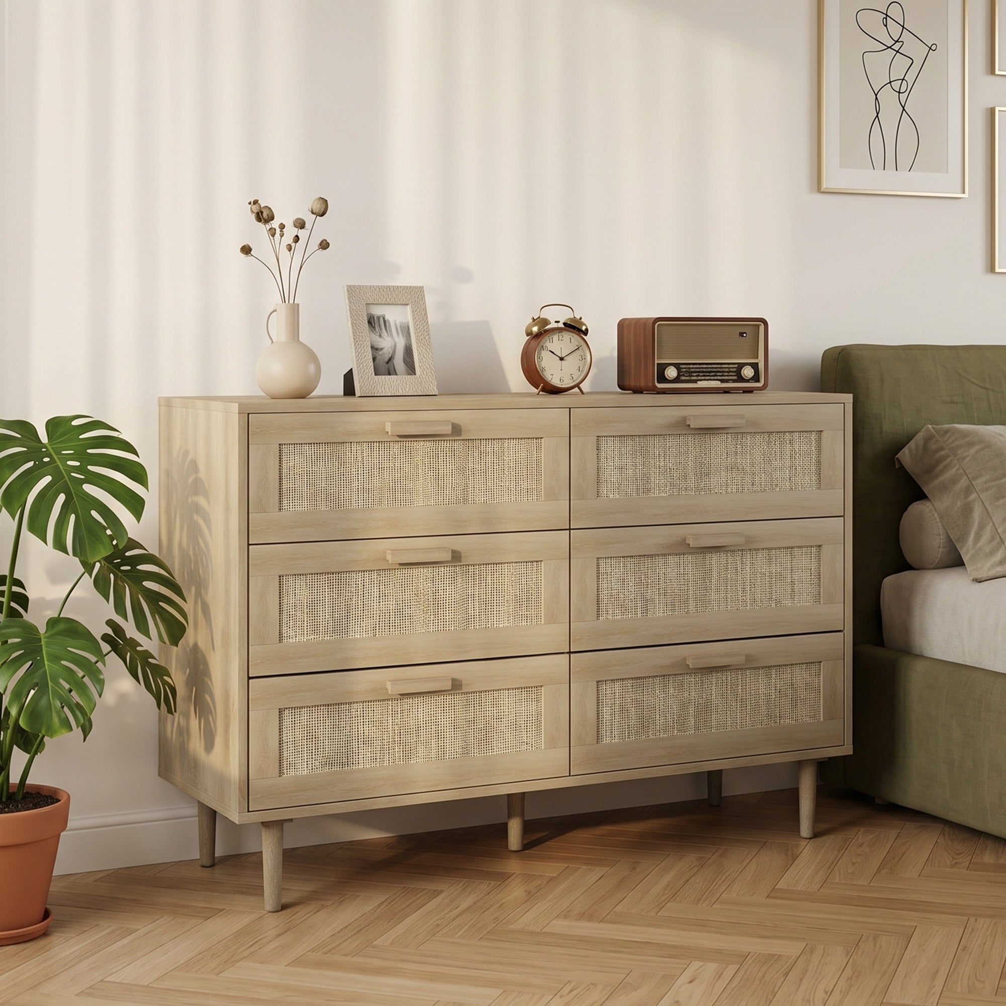 HOMCOM Chest of Drawers, 6-Drawer Dresser, Tall Storage Drawer Unit with Rattan Element for Bedroom, Living Room, Oak