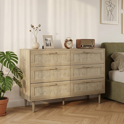 HOMCOM Chest of Drawers, 6-Drawer Dresser, Tall Storage Drawer Unit with Rattan Element for Bedroom, Living Room, Oak