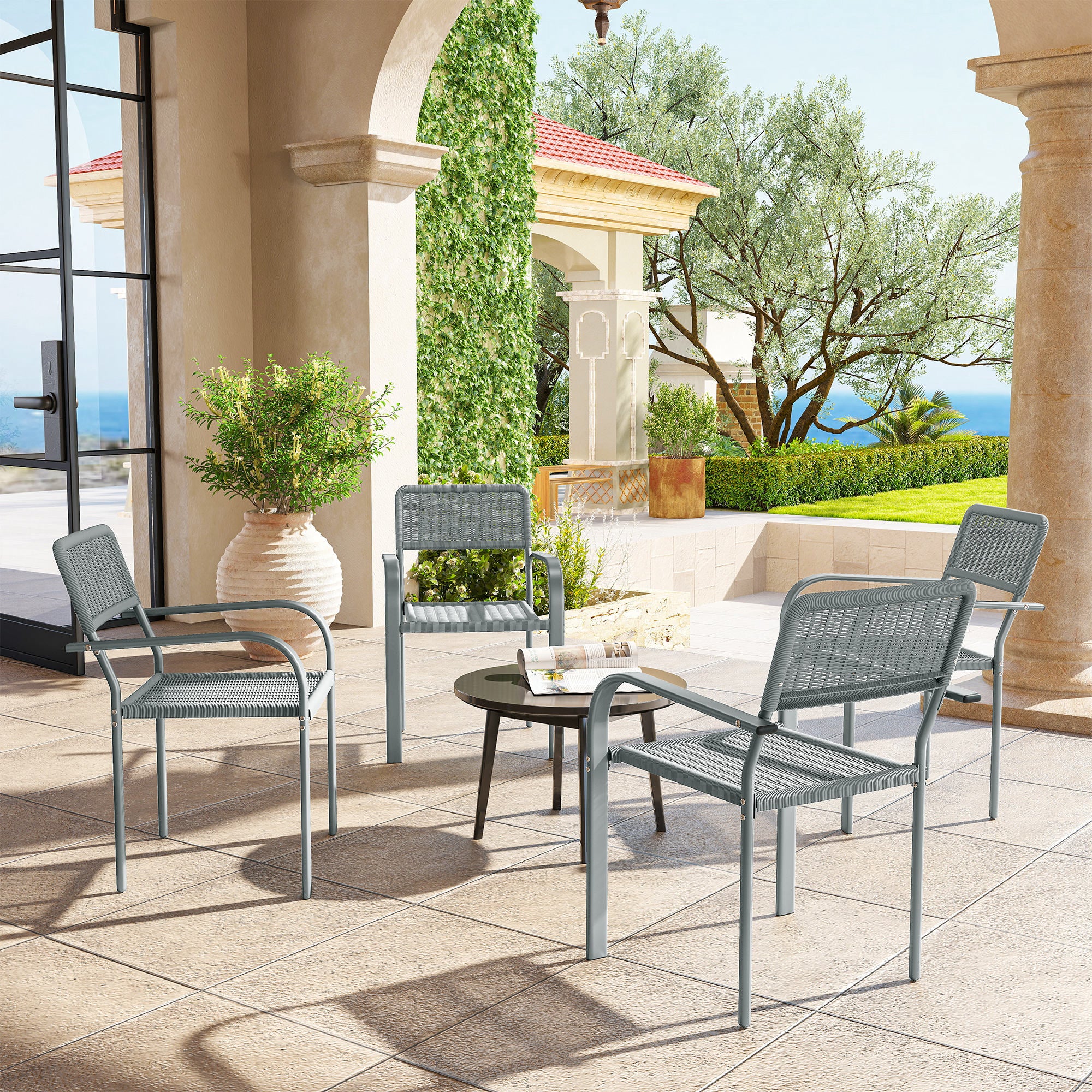 Outsunny Stackable Garden Chairs Set of 4, Rattan Effect Outdoor Dining Chairs, Light Grey 