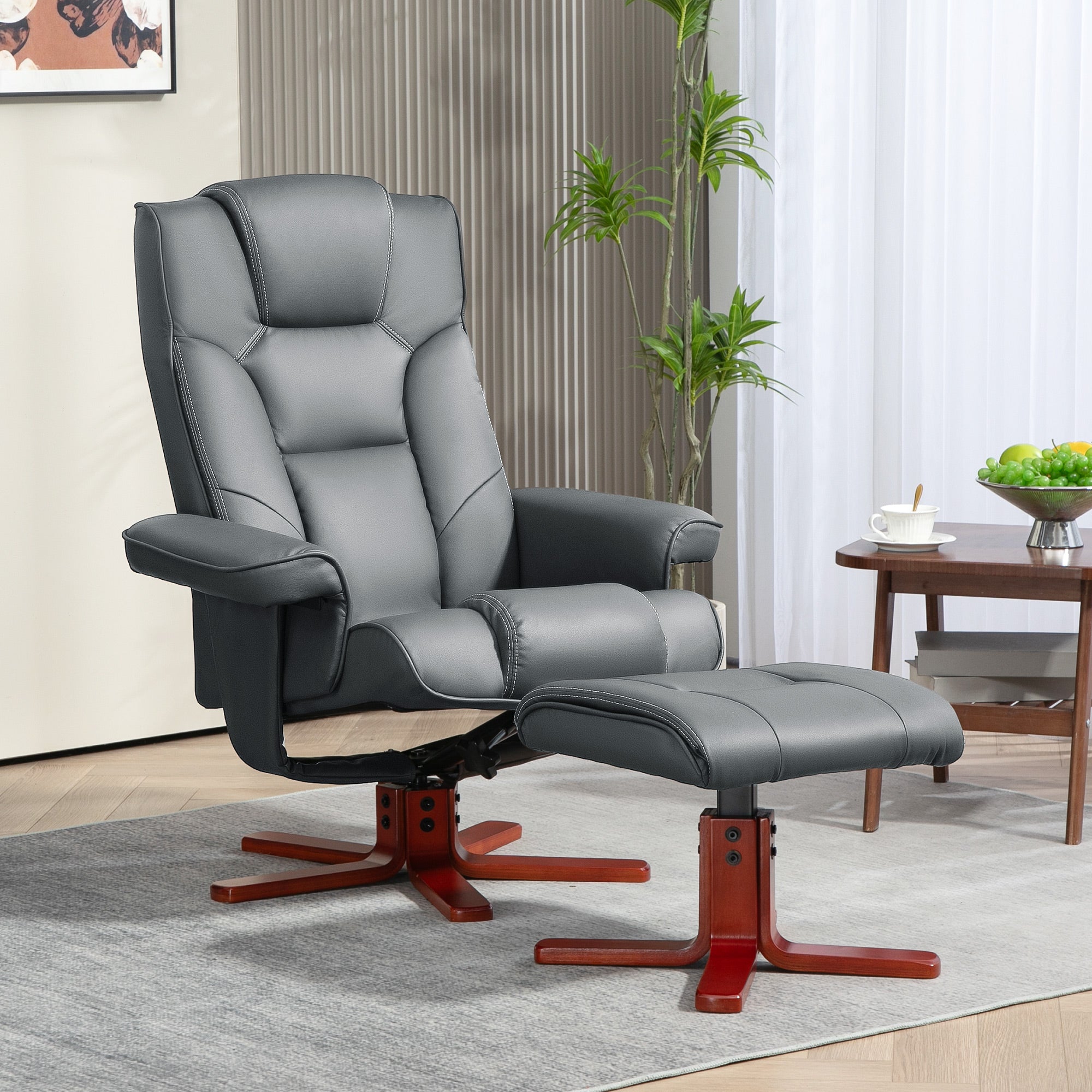 HOMCOM Faux Leather Manual Recliner and Footstool Set - Grey 