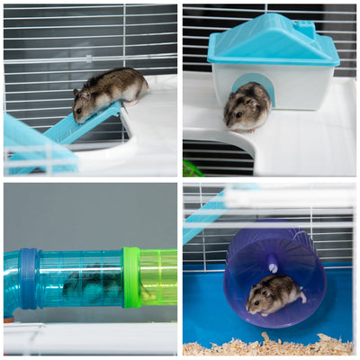 PawHut 5 Tier Hamster Cage, Gerbil Cage with Tube, Water Bottle, Exercise Wheel, Food Dish, 59L x 36W x 69H cm - Blue 