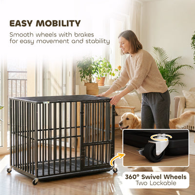 PawHut Heavy Duty Dog Crate, Dog Cage with Wheels for Small Medium Breeds, Metal Pet Kennel with Removable Tray 