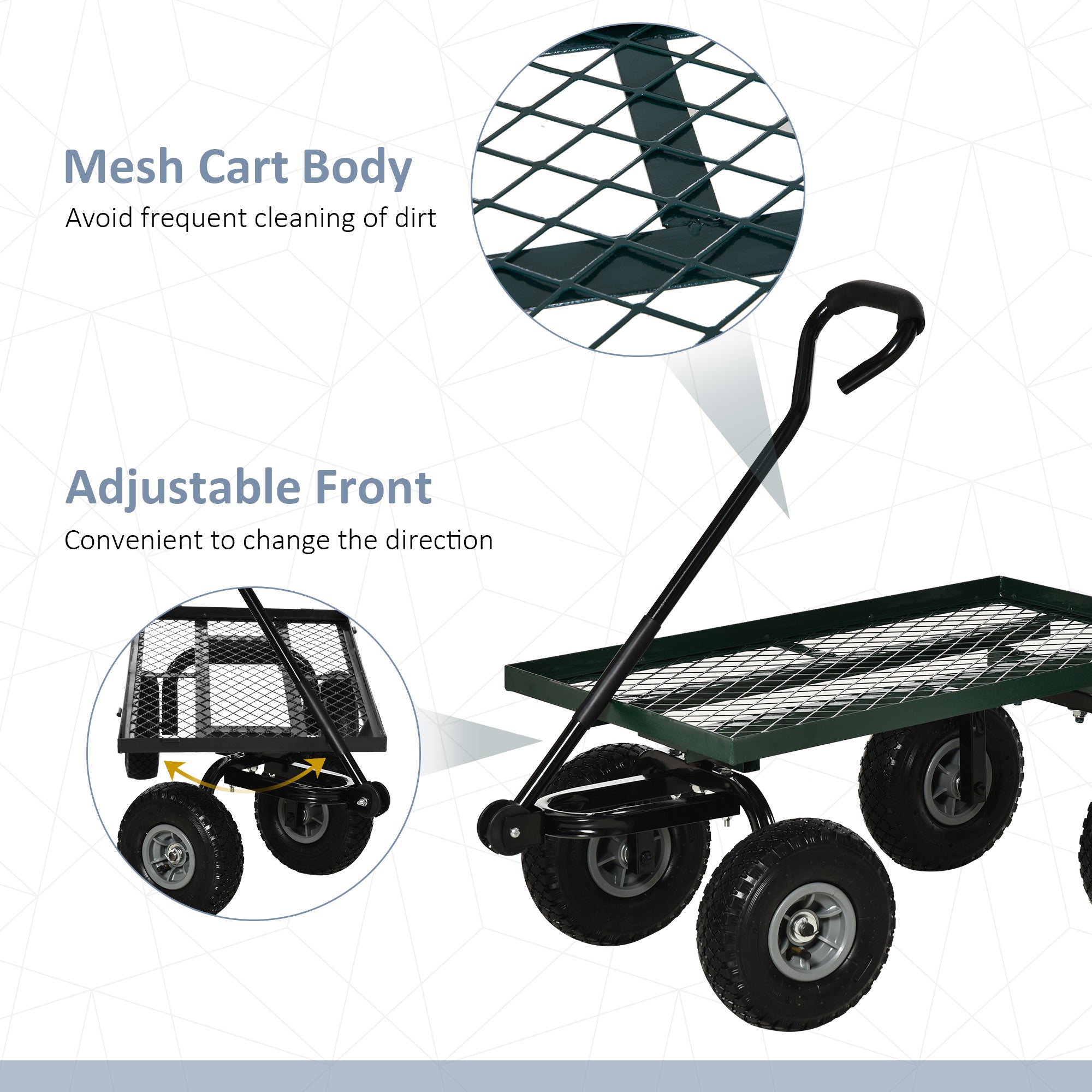 Outsunny Garden Trolley Cart, Heavy Duty Garden Cart with Metal Frame, 10" Pneumatic Wheels, Rotating Handle, 150kg Capacity, for Garden, Farm, Green 