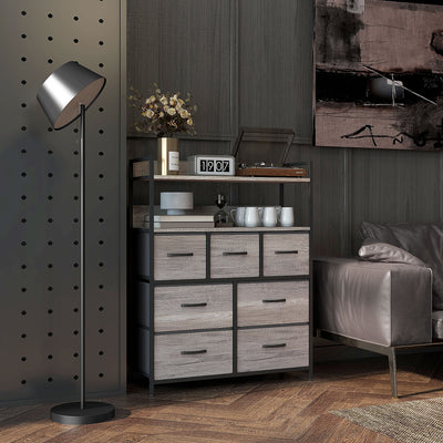 HOMCOM Rustic Chest of Seven Fabric Drawers - Grey Wood Effect 