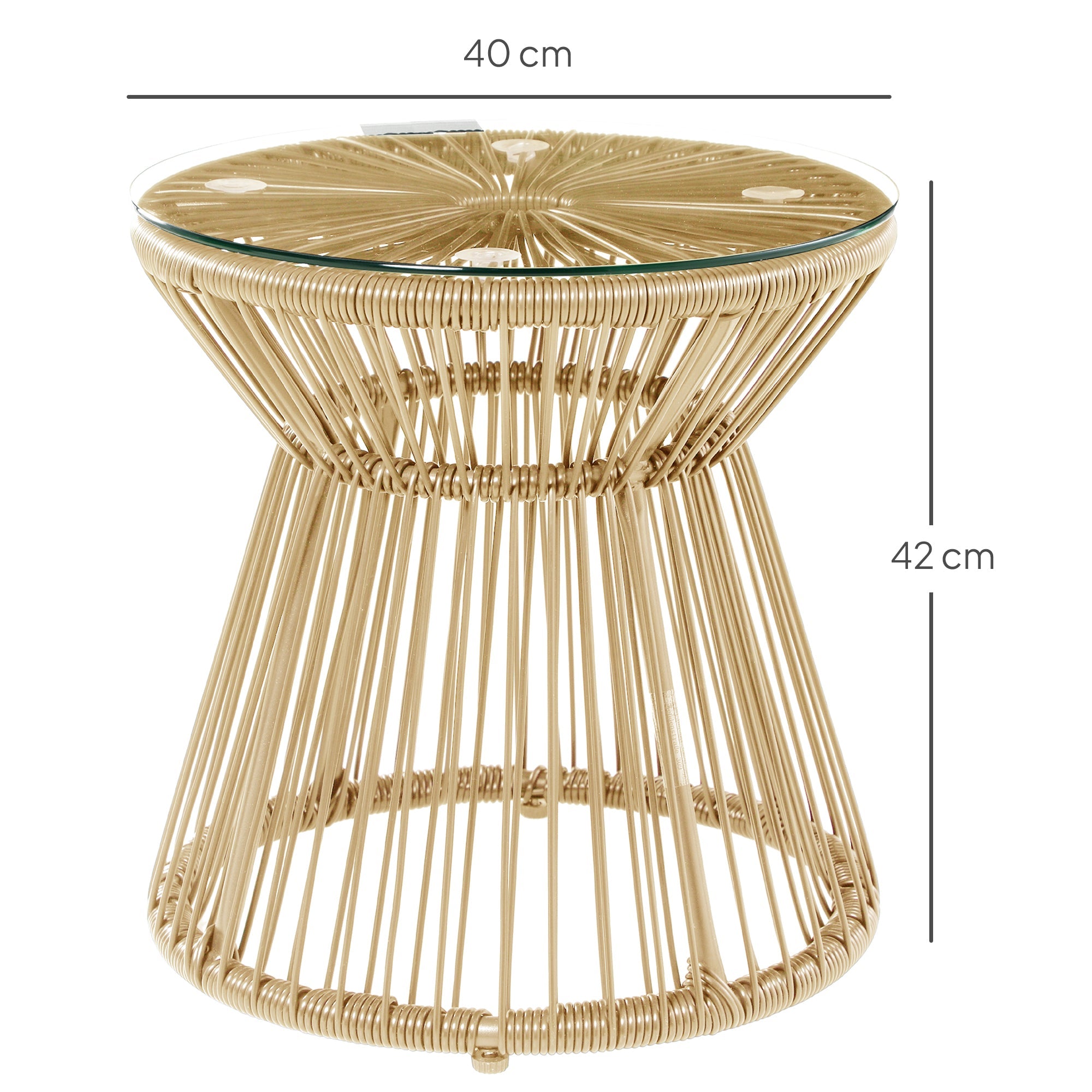 Outsunny Round End Table, Rattan Side Table, Hollow Drum Design Coffee Table w/ Glass Tabletop for Patio, Garden, Balcony Natural 