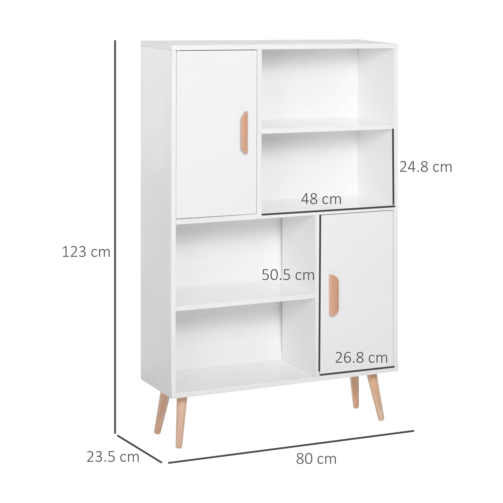 HOMCOM Sideboard Bookshelf Free Standing Bookcase Shelves Unit Display Storage Cabinet w/ Adjustable Shelves, Wooden Leg, Two Doors, White 