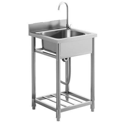HOMCOM Outdoor Utility Sink, Stainless Steel Free Standing Single Bowl Kitchen Sink with Cold and Hot Water Pipe and Storage Shelf for Laundry Garage, 55 x 50 x 100 cm 