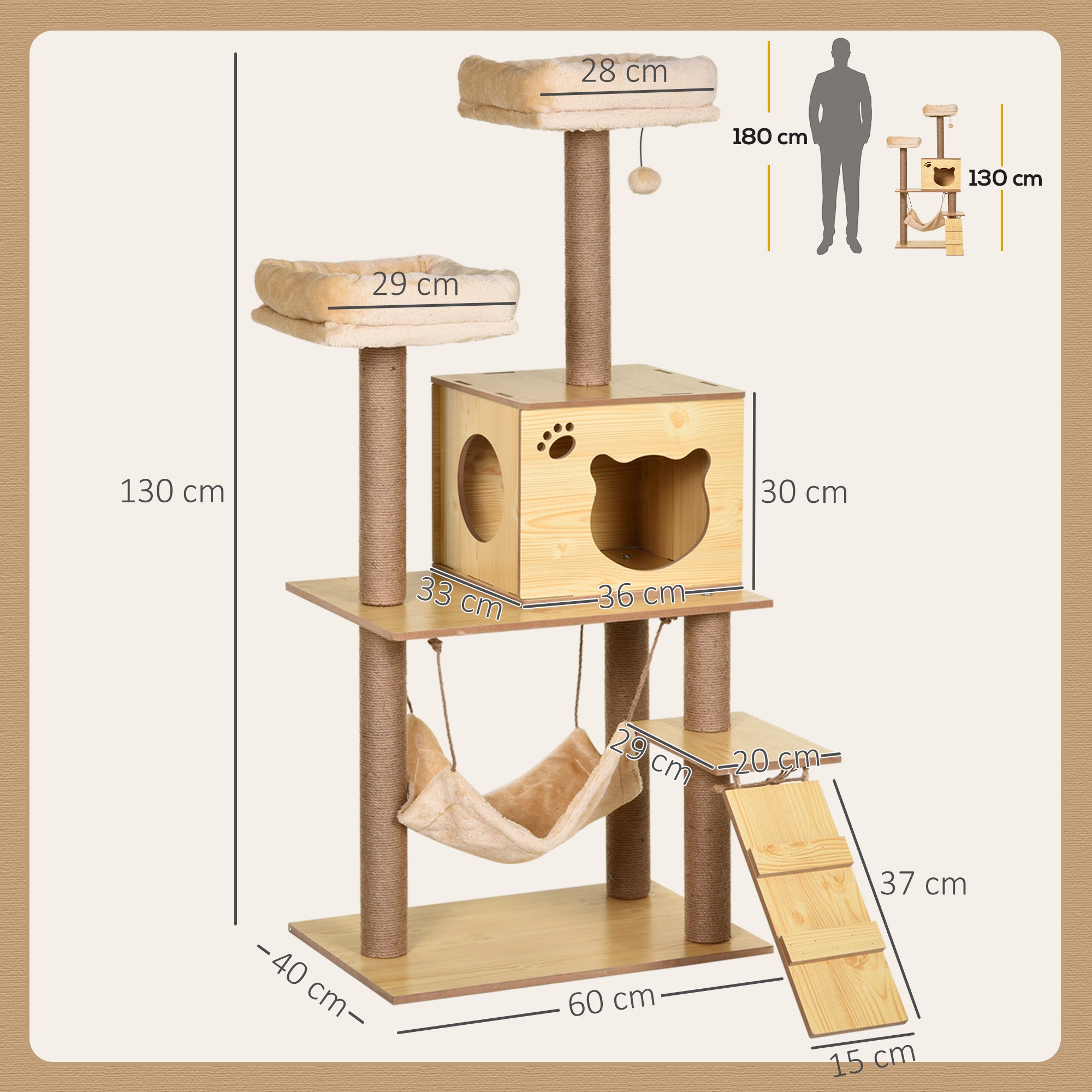 PawHut 130cm Cat Tree for Indoor Cats, Multi-Level Plush Cat Tower, with Five Scratching Posts, Two Perches, Cat House, Hammock 