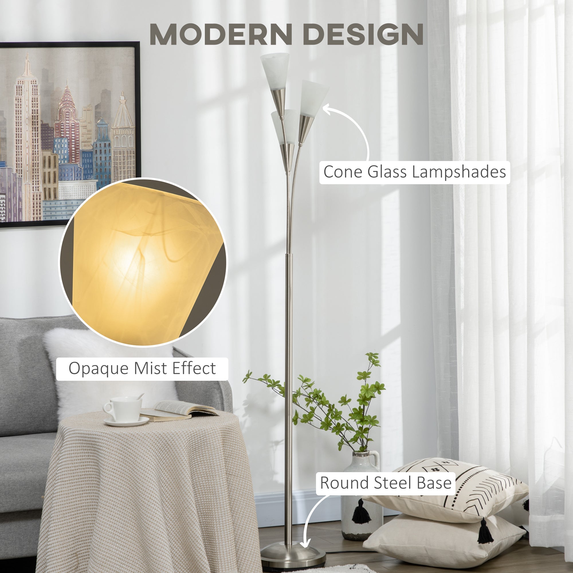 HOMCOM 3-Light Upright Floor Lamps for Living Room, Modern Standing Lamp for Bedroom with Steel Base, Bulb not Included, Silver 