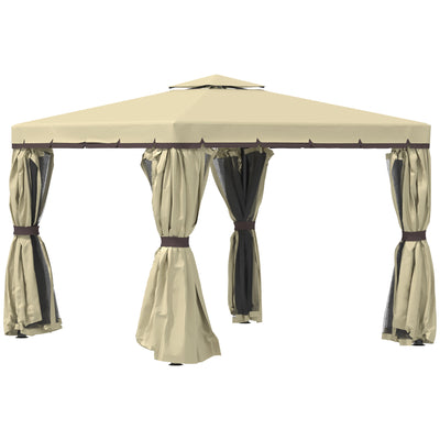 Outsunny 3 x 3(m) Patio Gazebo Canopy Garden Pavilion Tent Shelter with 2 Tier Water Repellent Roof, Mosquito Netting and Curtains, Aluminium Frame, Beige 