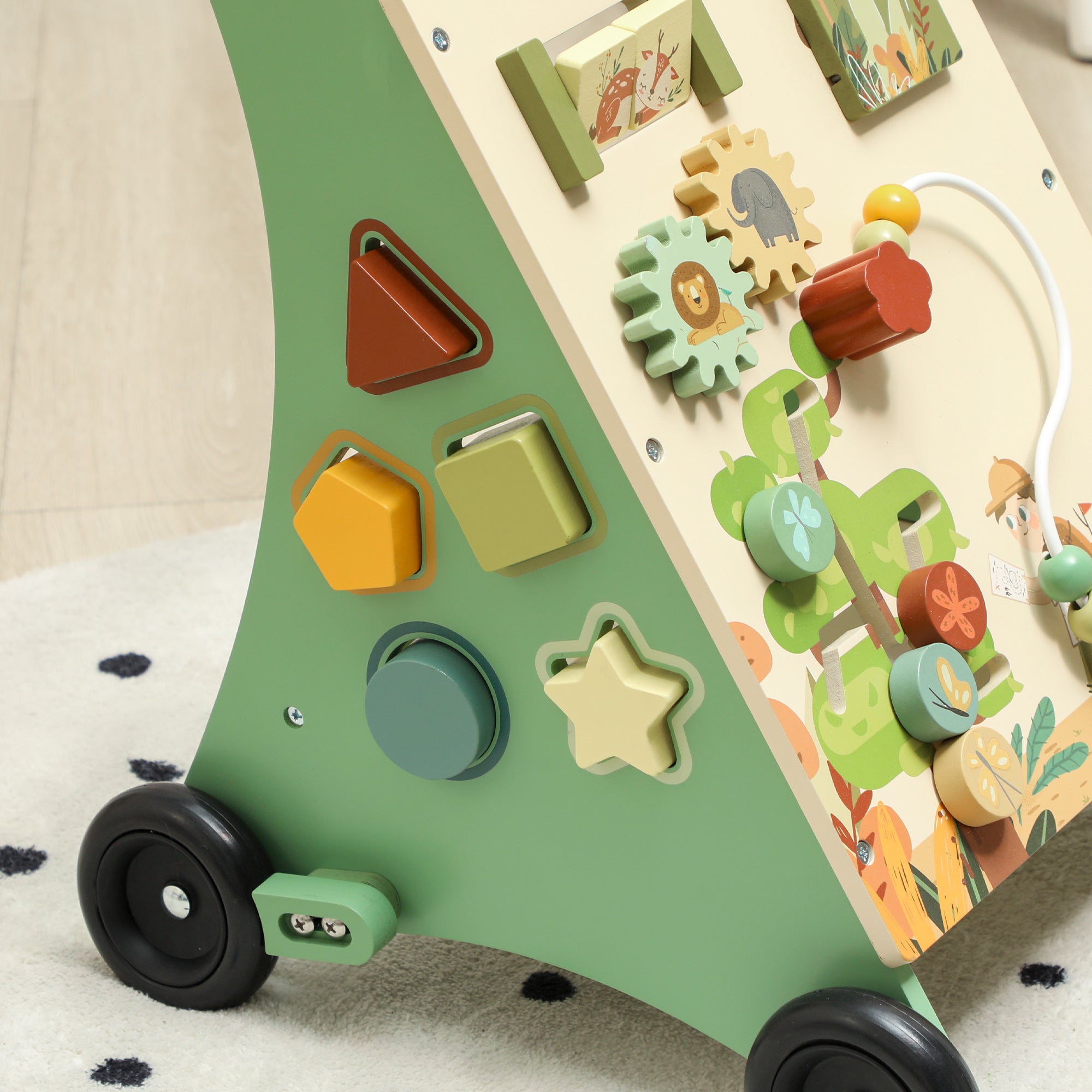 AIYAPLAY Wooden Baby Walker, Push Along Walker Toys with Speed Control, Xylophone, gears and Bead Maze, Green 