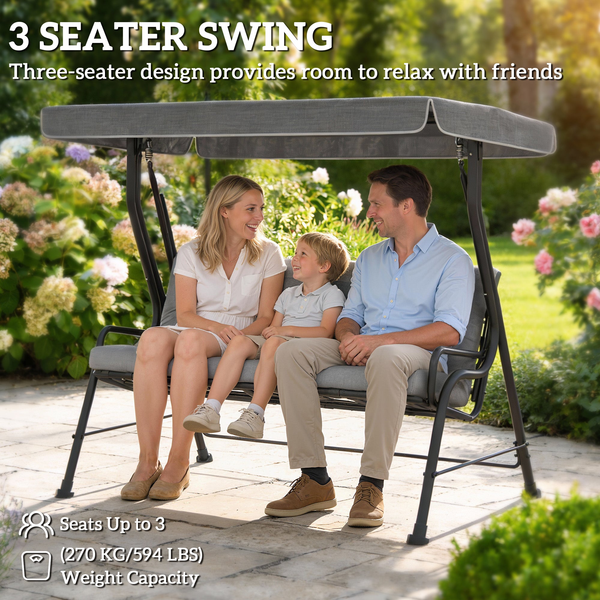 Outsunny 3-Seater Garden Swing Seat, Outdoor Swing Chair with Adjustable Waterproof Canopy, Light Grey 