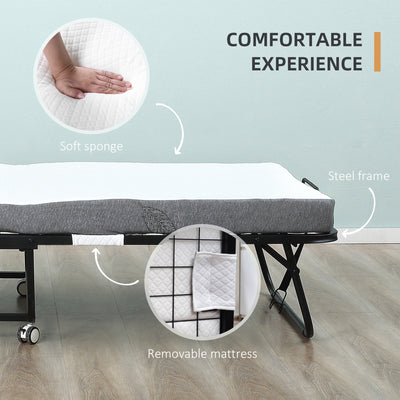 HOMCOM Folding Bed with 10cm Mattress, Portable Foldable Guest Bed with Sturdy Metal Frame on Wheels 