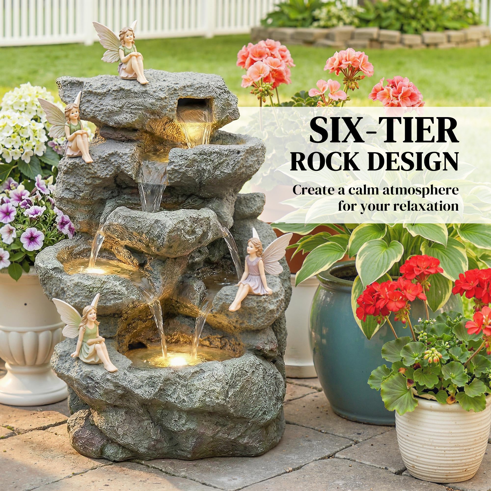 Outsunny Outdoor Fountain with 6-Tier Rock Design, Waterfall Feature with LED Lights, Resin Freestanding Garden Fountain, Grey 